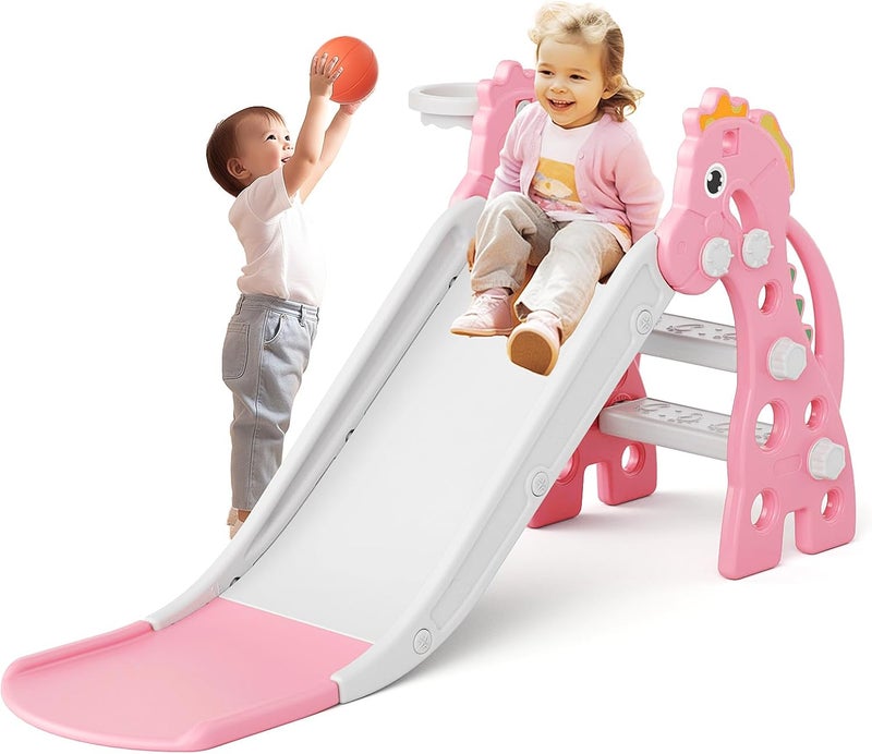 67i Toddler Slide for Indoor & Outdoor Play with Basketball Hoop, Anti-Slip Steps, 46.8in Baby Climber (Pink) - Image 1